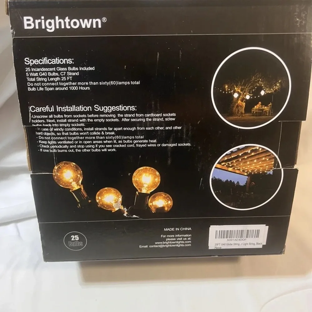 Brightown 25ft G40 indoor/Outdoor String Lights 25 incadescent Bulbs - Black